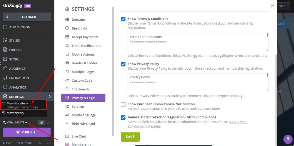 TermsFeed Strikingly: Edit Sites - Settings - Advanced - Privacy and Legal - GDPR Compliance option checked - View live site