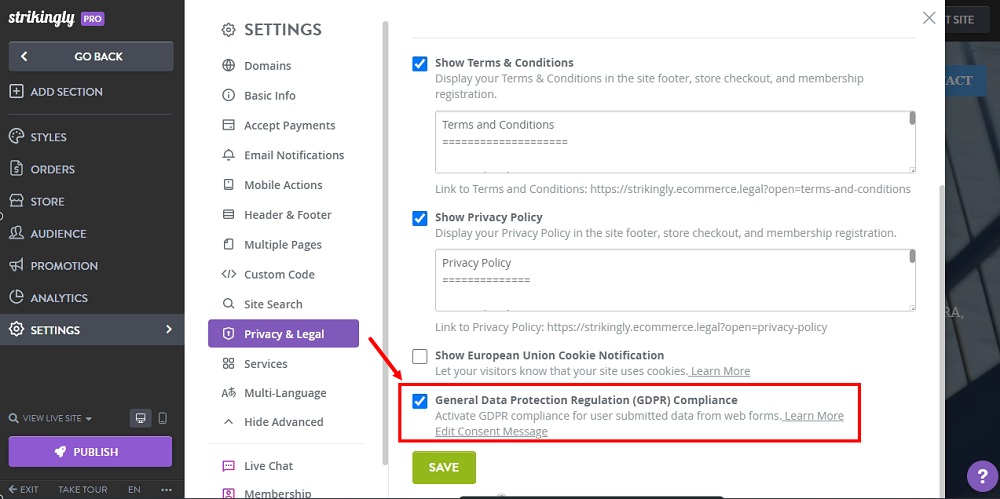 TermsFeed Strikingly: Edit Sites - Settings - Advanced - Privacy and Legal - GDPR Compliance option checked