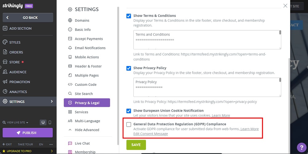 TermsFeed Strikingly: Edit Sites - Settings - Advanced - Privacy and Legal - GDPR Compliance option