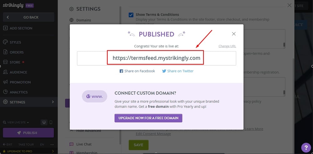 TermsFeed Strikingly: Edit Sites - Settings - Advanced - Privacy and Legal - Published - link