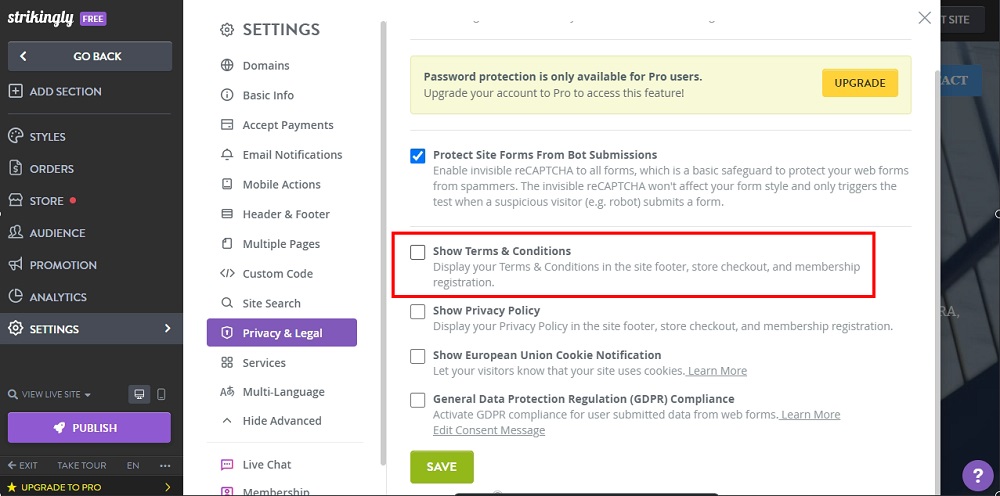 TermsFeed Strikingly: Edit Sites - Settings - Advanced - Privacy and Legal - Show Terms and Conditions option