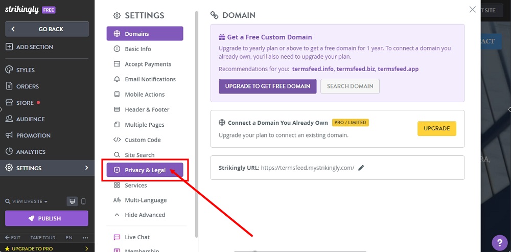 TermsFeed Strikingly: Edit Sites - Settings - Advanced - Privacy and Legal