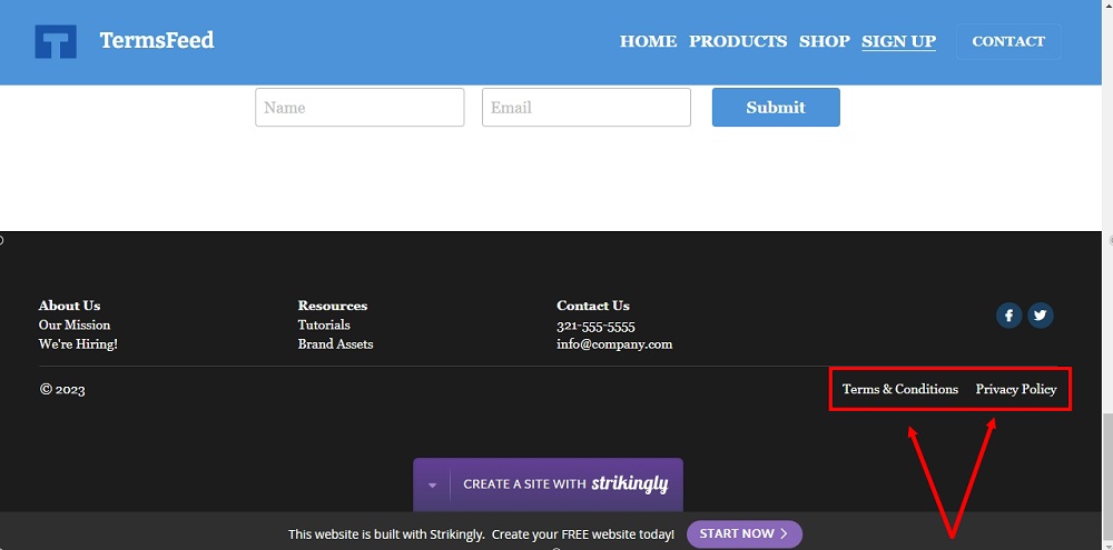 TermsFeed Strikingly: Published - The Terms and Conditions and Privacy Policy are displayed in the footer
