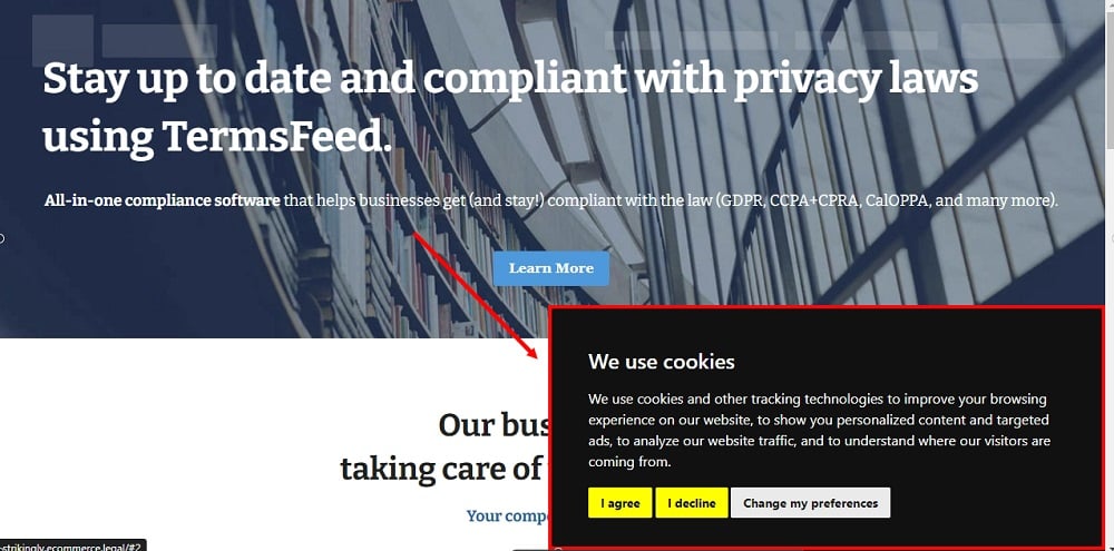 TermsFeed Strikingly: Published - Free Cookie Consent Notification Banner displayed