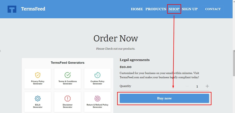 TermsFeed Strikingly: View live site - Shop page with Buy now button
