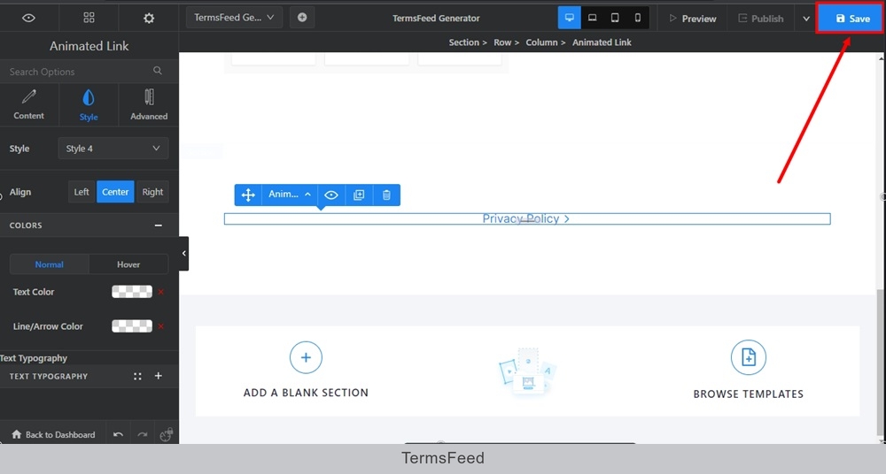 TermsFeed Swipe Pages: Animated Link - Privacy Policy - Save