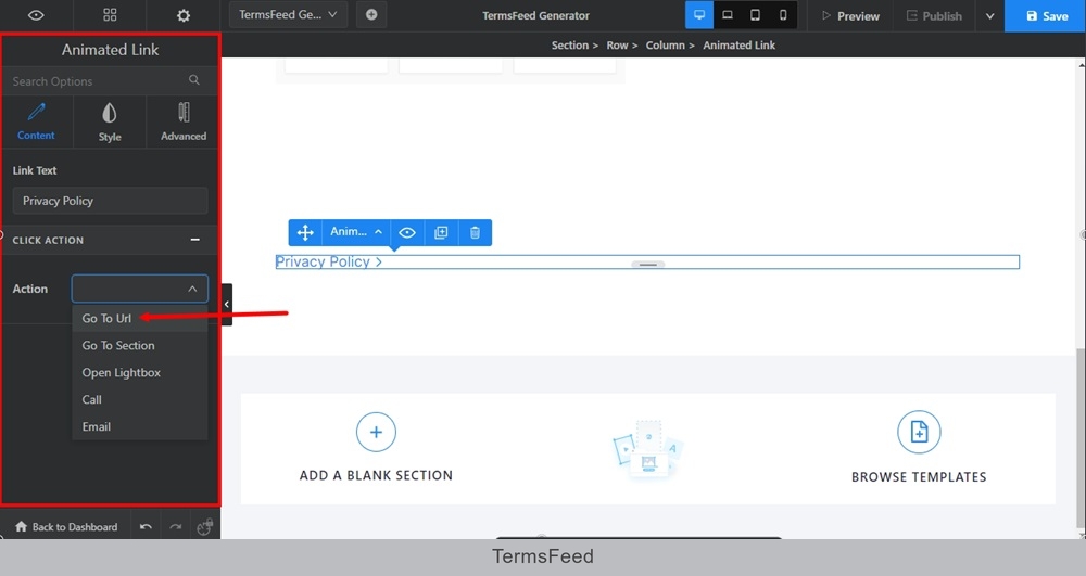 TermsFeed Swipe Pages: Animated Link - Privacy Policy - Click Action - Go To URL