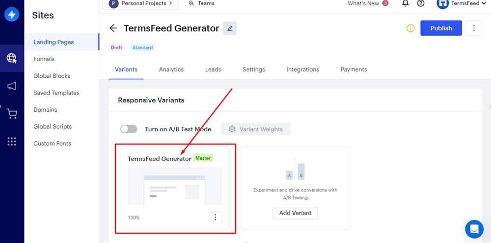 TermsFeed Swipe Pages: Landing page Edit option - Landing Page