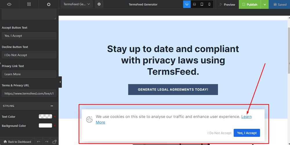 TermsFeed Swipe Pages: Landing page Edit - Settings - Cookie Notice - Terms and Privacy URL field - saved and displayed