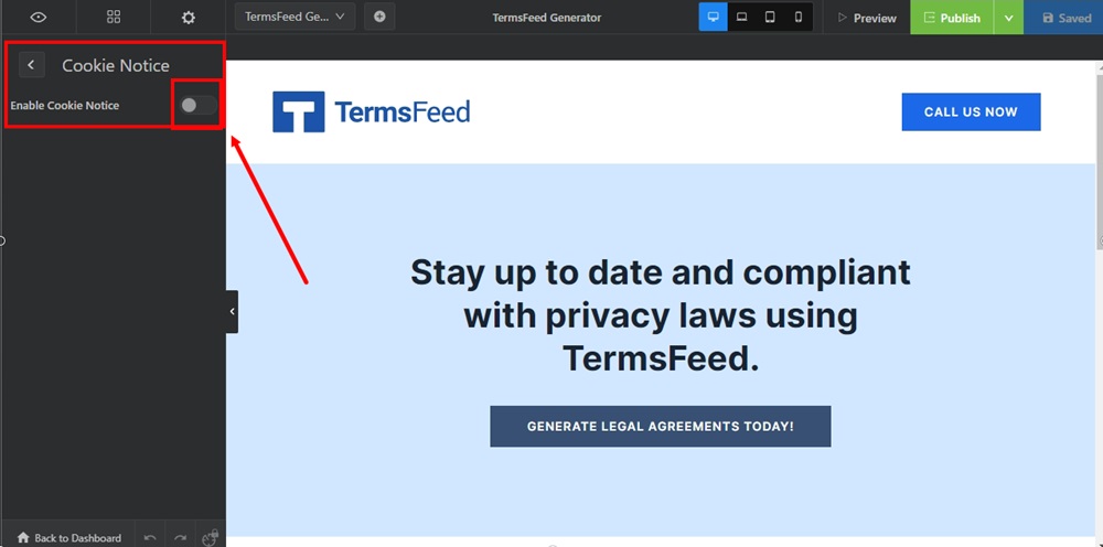 TermsFeed Swipe Pages: Landing page Edit - Settings - Cookie Notice - toggle