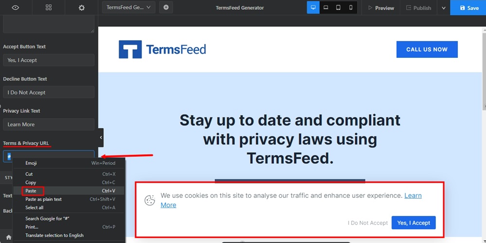 TermsFeed Swipe Pages: Landing page Edit - Settings - Cookie Notice - toggled - Terms and Privacy URL field - paste