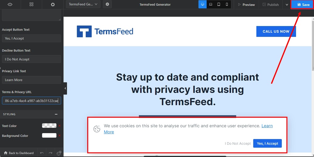 TermsFeed Swipe Pages: Landing page Edit - Settings - Cookie Notice - toggled - Terms and Privacy URL field - pasted - save