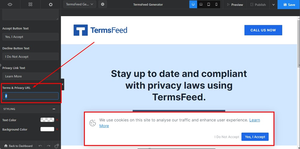 TermsFeed Swipe Pages: Landing page Edit - Settings - Cookie Notice - toggled - Terms and Privacy URL field empty