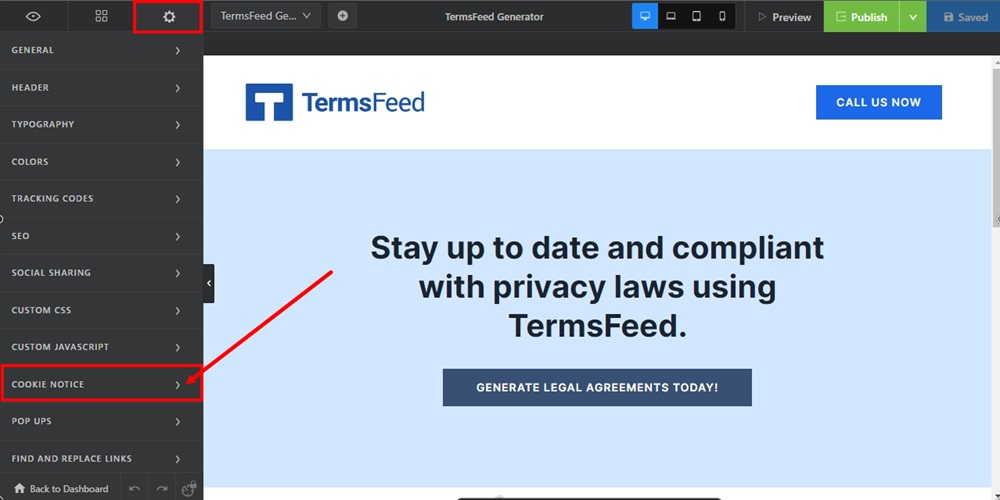TermsFeed Swipe Pages: Landing page Edit - Settings - Cookie Notice
