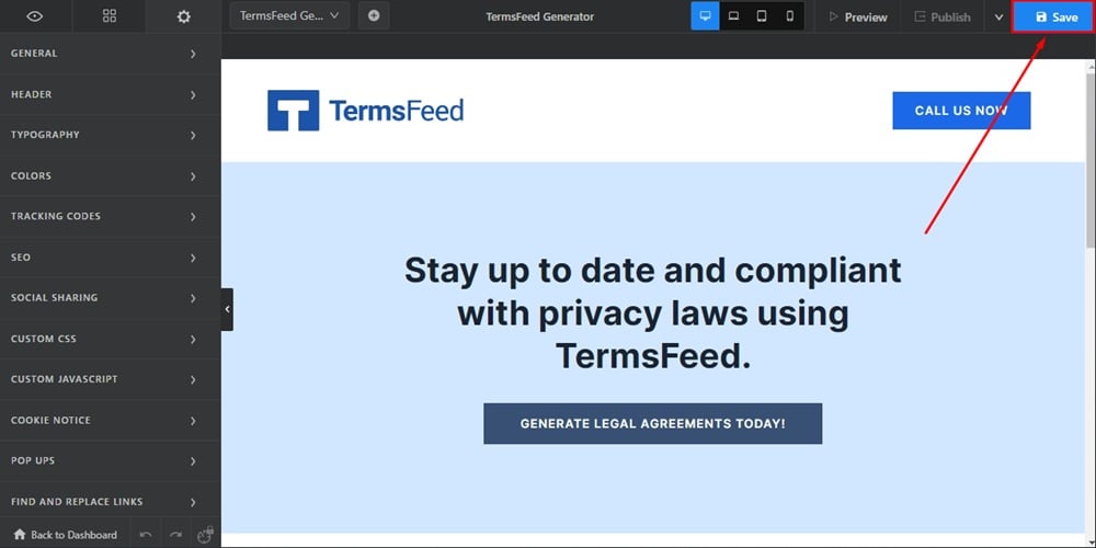 TermsFeed Swipe Pages: Landing page Edit - Settings - Custom Javascript - Save