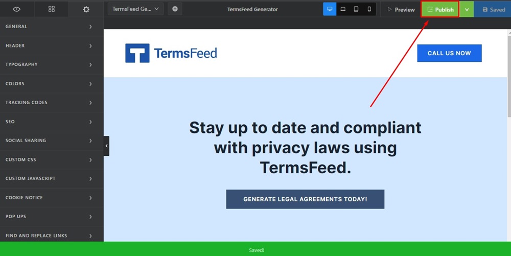 TermsFeed Swipe Pages: Landing page Edit - Settings - Custom Javascript - Saved - Publish