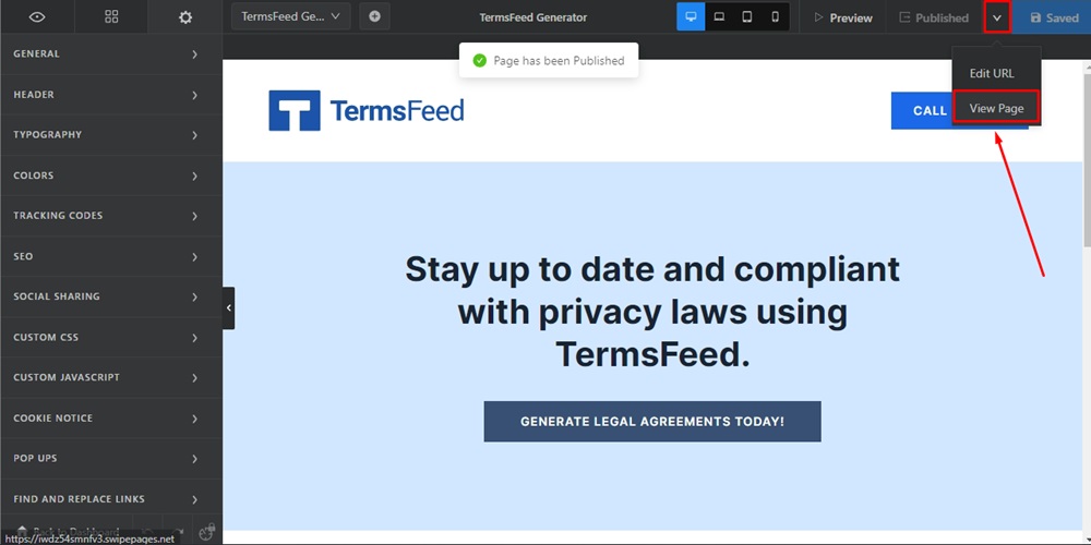 TermsFeed Swipe Pages: Landing page Edit - Settings - Custom Javascript - Saved - Publish - View Page