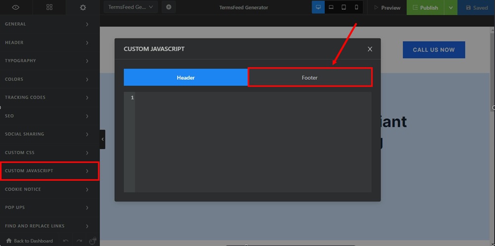 TermsFeed Swipe Pages: Landing page Edit - Settings - Custom Javascript - new window - Footer tab
