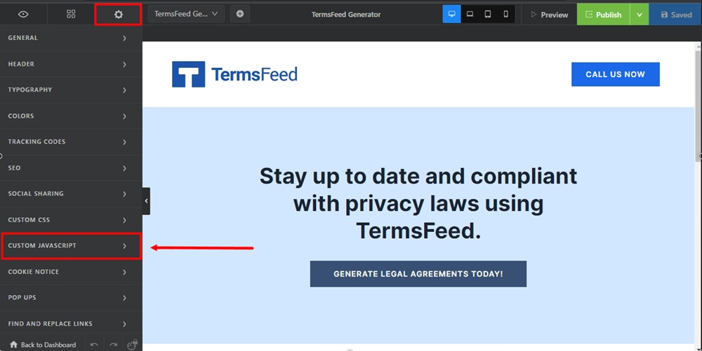 TermsFeed Swipe Pages: Landing page Edit - Settings - Custom Javascript