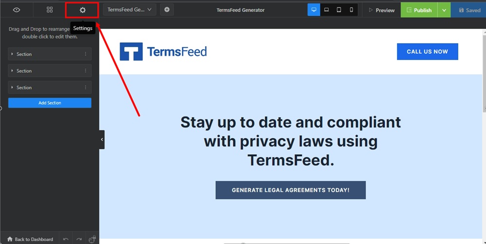 TermsFeed Swipe Pages: Landing page Edit - Settings