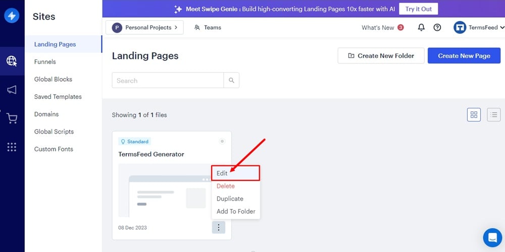 TermsFeed Swipe Pages: Landing page Edit option