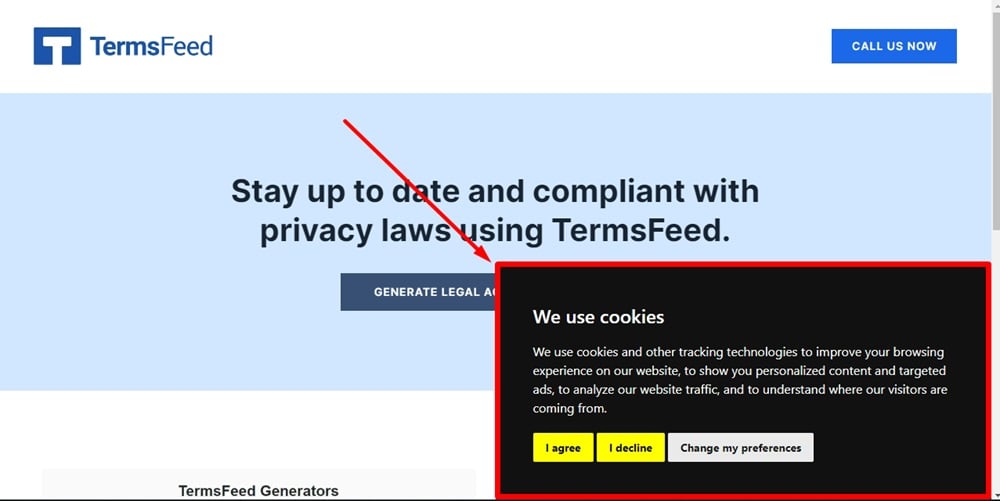 TermsFeed Swipe Pages: Landing page - Published - View Page - The Cookie Consent Notice Banner displayed