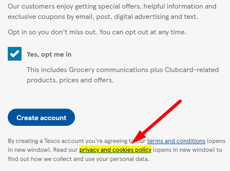 Tesco create account form with Privacy and cookies policy link highlighted