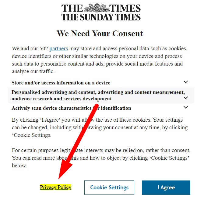 Times UK Cookie Consent Notice with Privacy Policy link highlighted