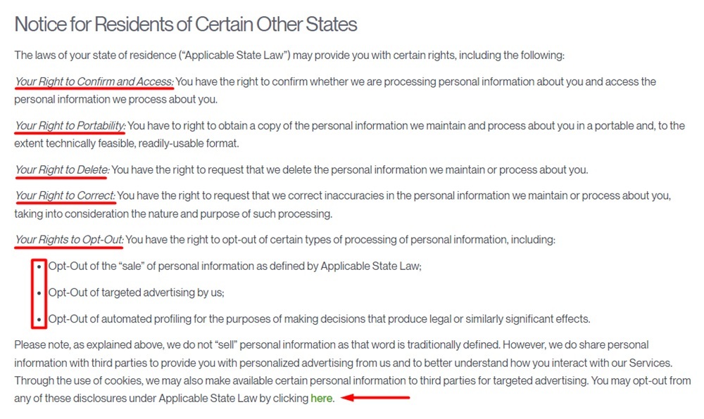 Upwork Privacy Policy: States rights clause