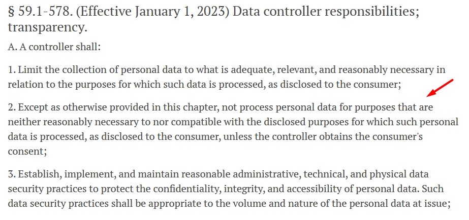 VCDPA Data Controller Responsibilities section excerpt