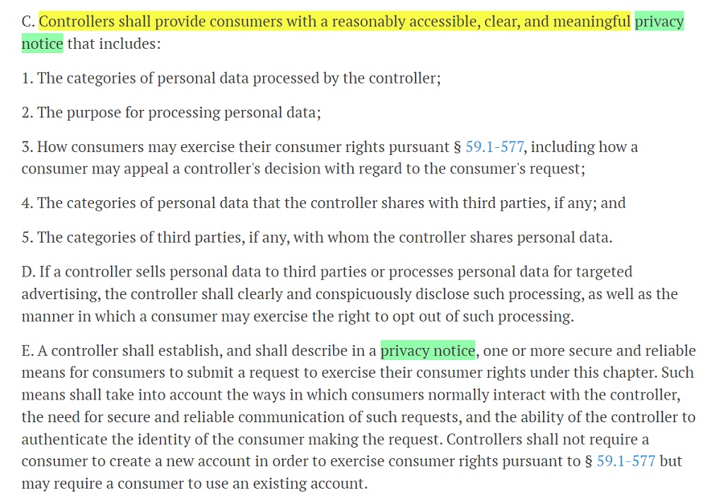 VCDPA excerpt with Privacy Notice highlighted
