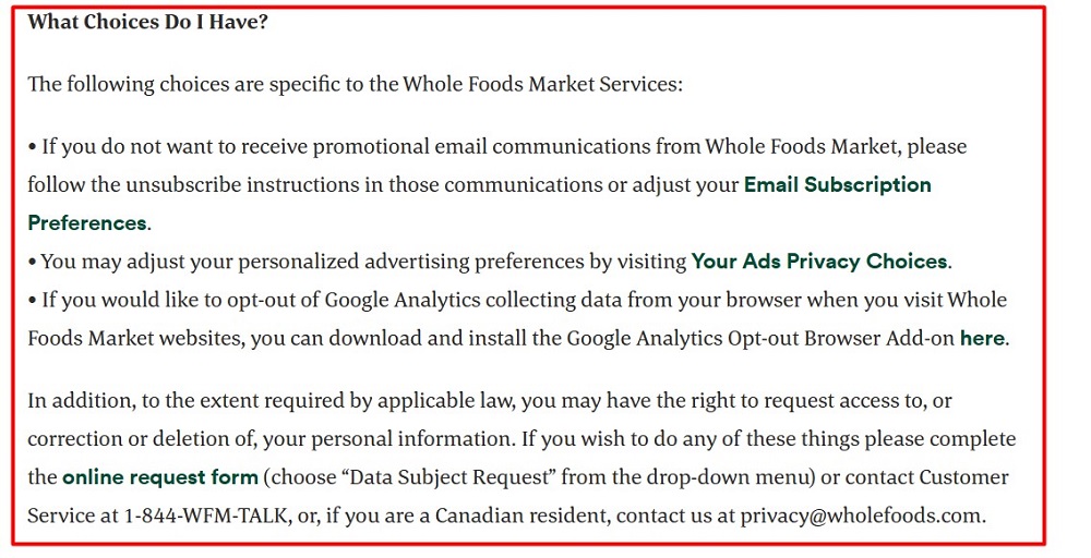 Whole Foods Market Privacy Notice: Choices clause