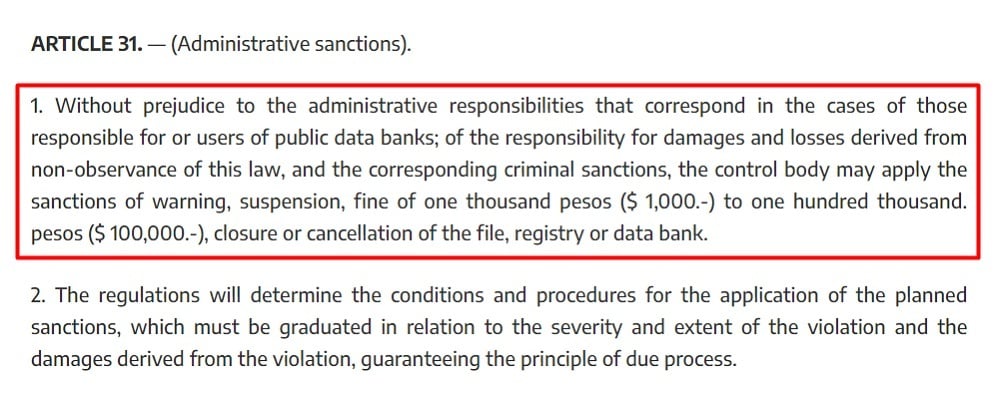 Argentina Personal Data Protection Act PDPA: Article 31 - Fines and penalties