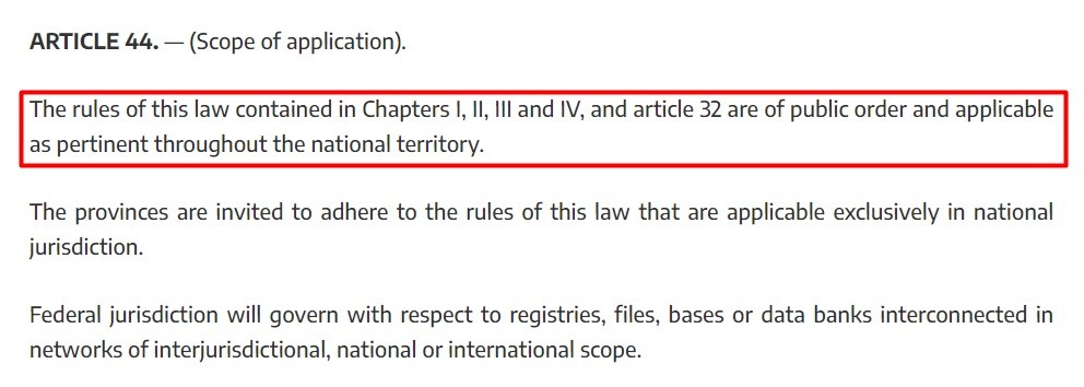 Argentina Personal Data Protection Act PDPA: Article 44 - Scope of law