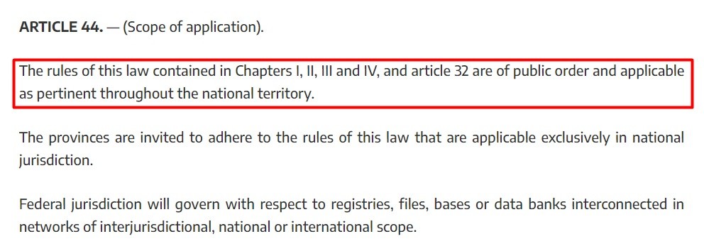 Argentina Personal Data Protection Act PDPA: Article 44 - Scope of law