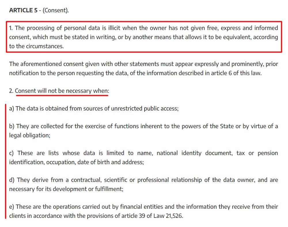 Argentina Personal Data Protection Act PDPA: Article 5 - Consent