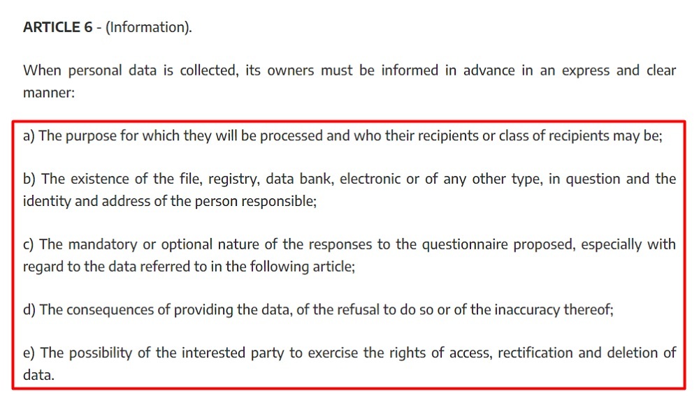 Argentina Personal Data Protection Act PDPA: Article 6