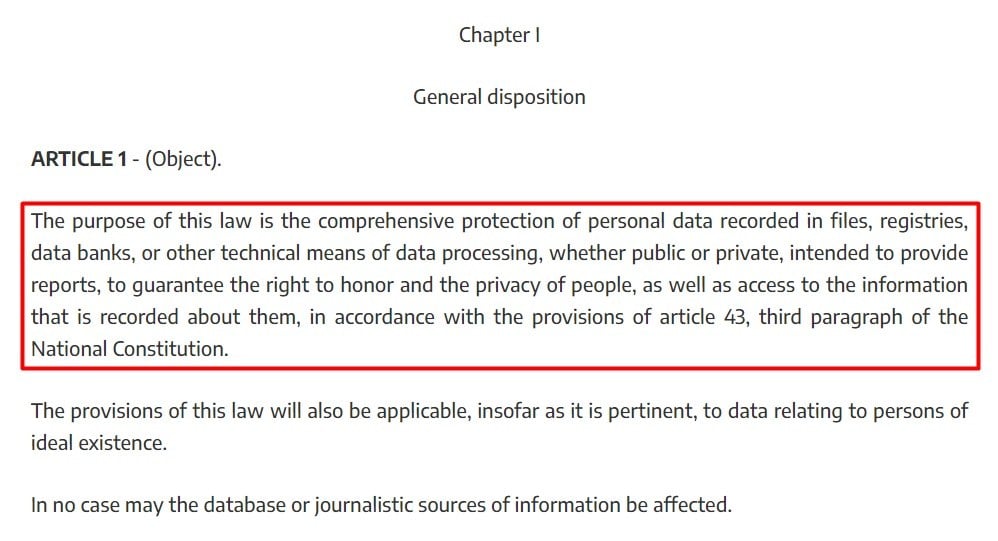 Argentina Personal Data Protection Act PDPA: Chapter 1 - Purpose of law