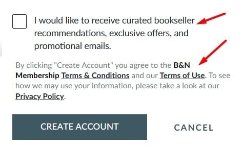 Barnes and Noble Create Account form