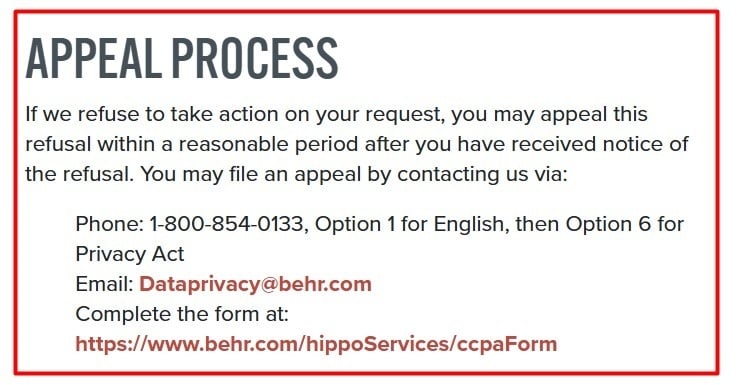 Behr Privacy Policy: Appeal Process clause