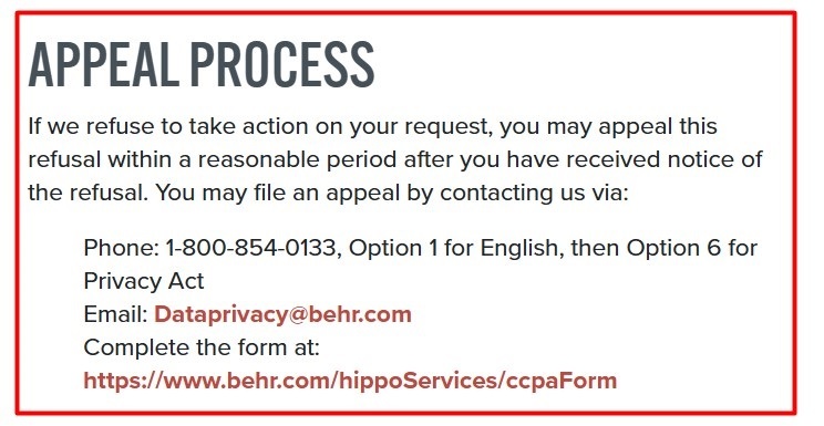 Behr Privacy Policy: Appeal Process clause