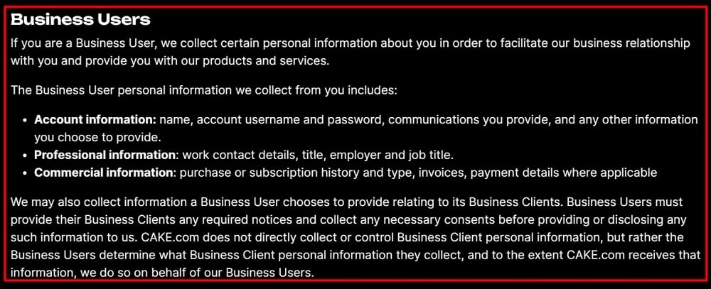 CAKE Privacy Policy: Business Users clause