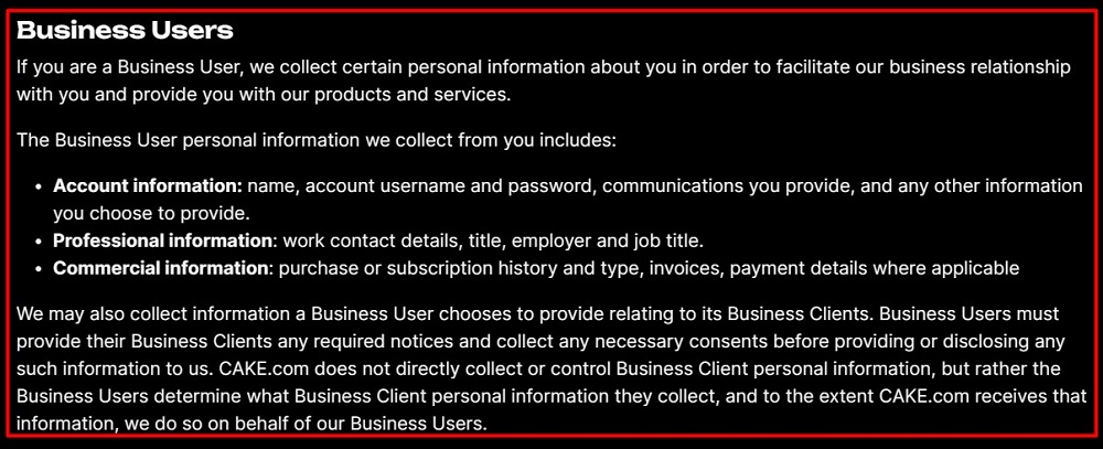 CAKE Privacy Policy: Business Users clause