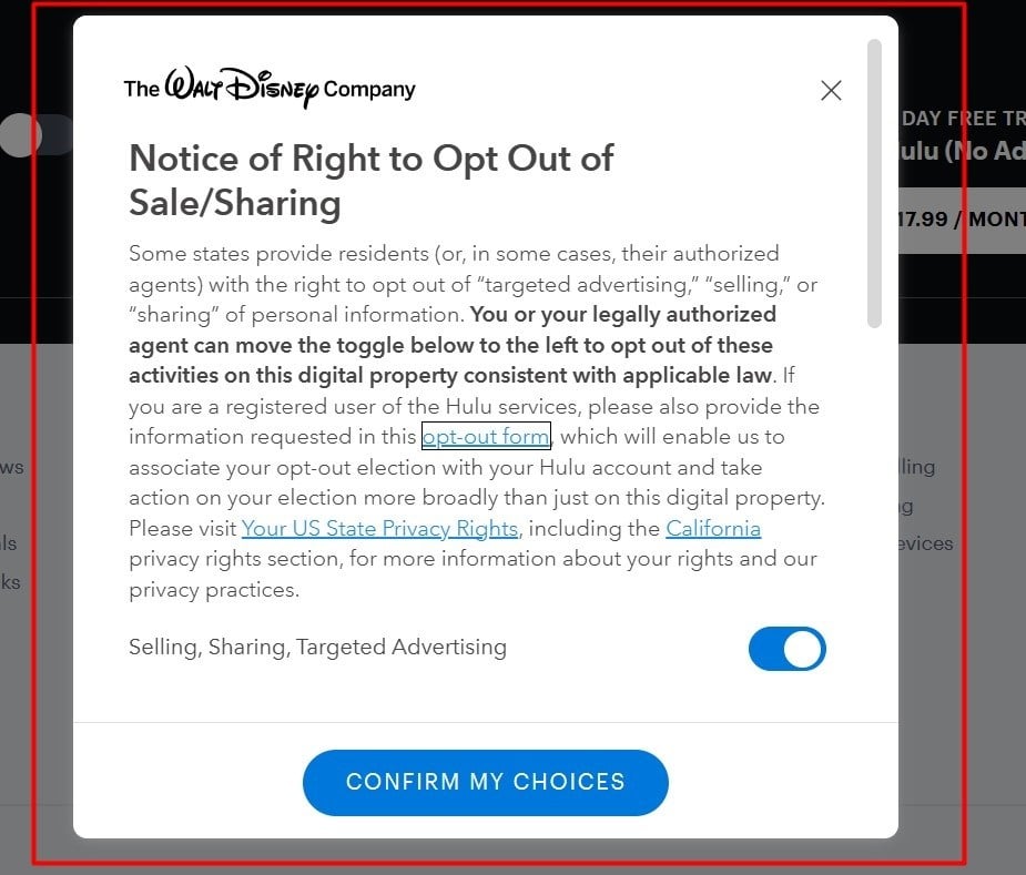 Disney Notice of Right to Opt Out of Sale and Sharing