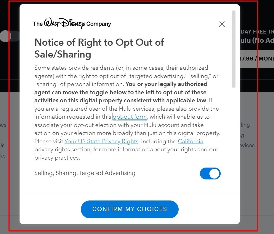 Disney Notice of Right to Opt Out of Sale and Sharing