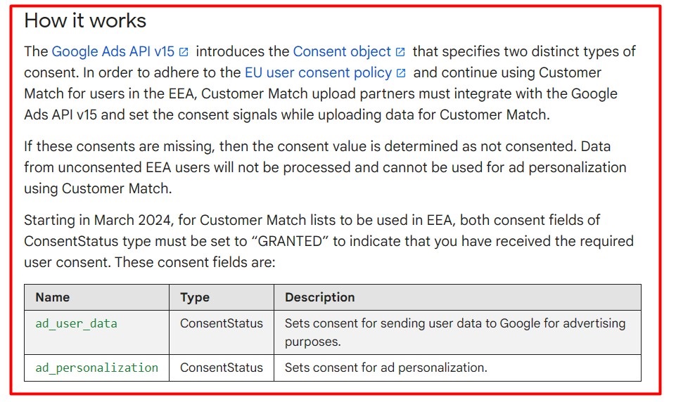 Google Ads Help: FAQs about the EU user consent policy for Customer Match upload partners section