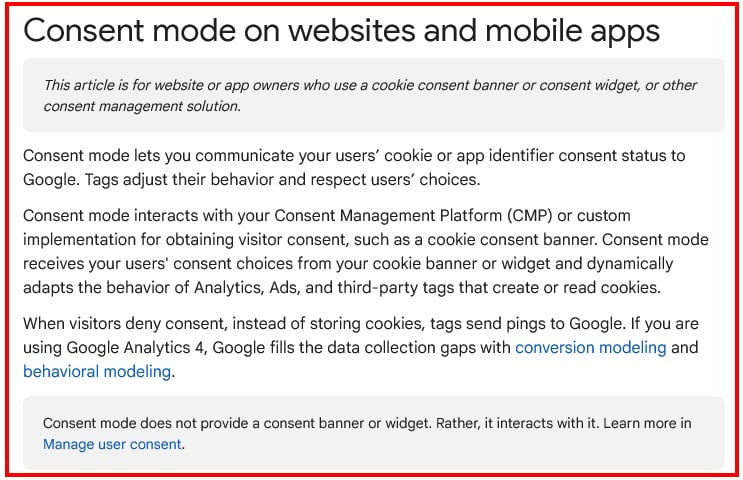 Google Analytics Help: Consent Mode on Websites and Apps page excerpt