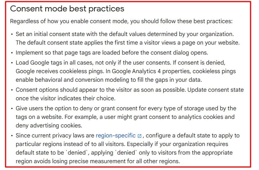 Google Analytics Help Page: Consent mode best practices excerpt