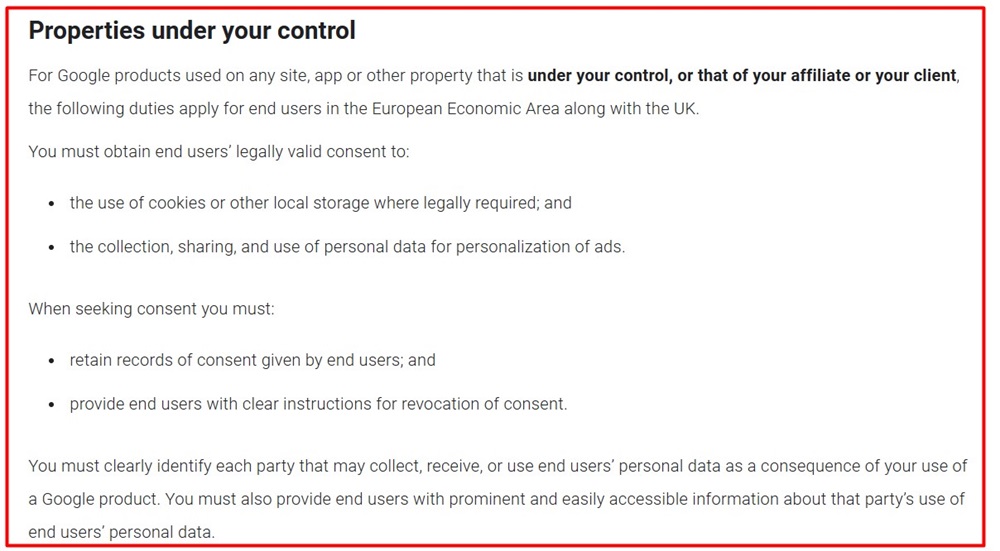 Google EU User Consent Policy: Properties under your control section