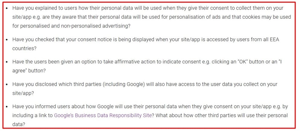 Google Help with EU User Consent Policy checklist